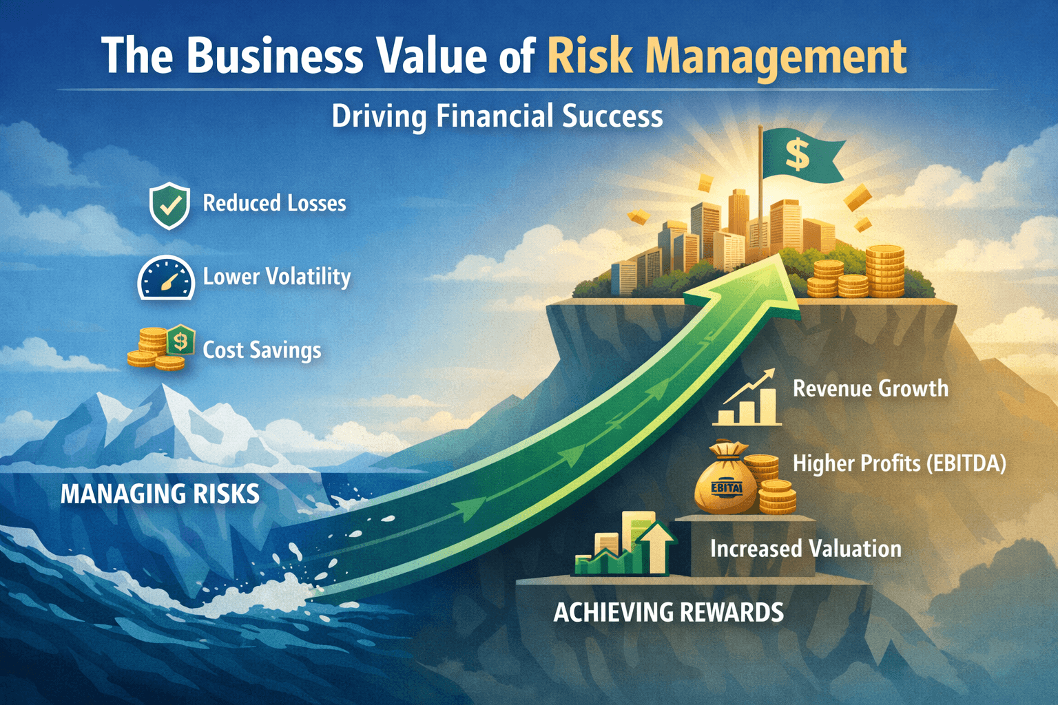 The Business Value of Risk Management: Visual showing how managing risks leads to achieving rewards including revenue growth, higher profits, and increased valuation