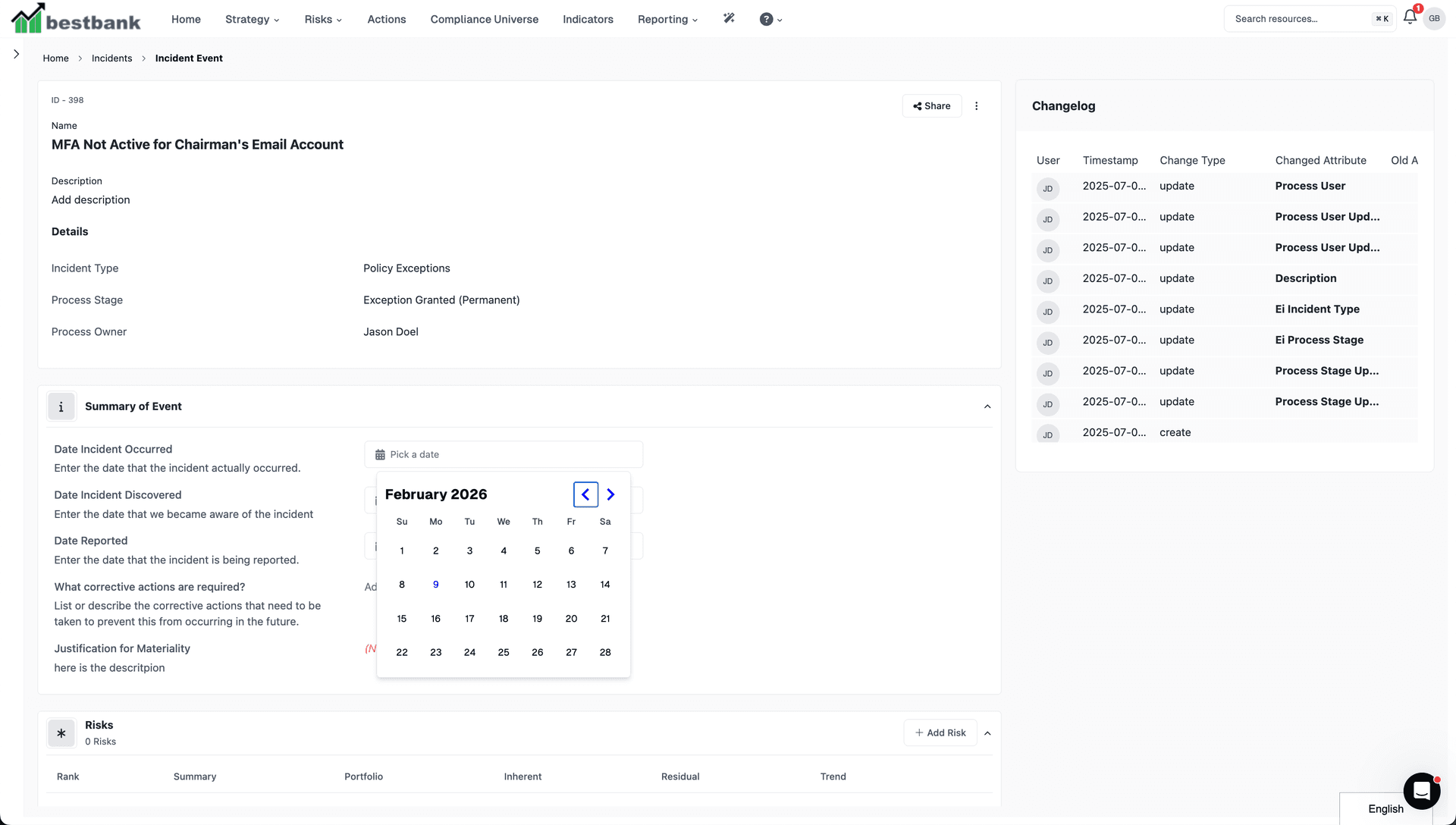 Essential ERM Incident Details showing incident tracking, investigation, and resolution